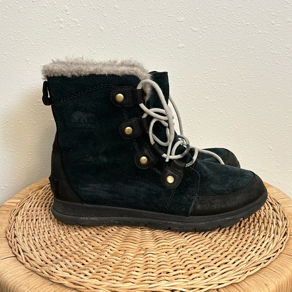Sorel Explorer Joan Black/Dark Stone Winter Snow Boots Leather Lace Up Fur Lined